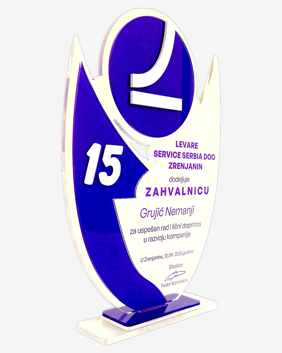 Jubilarna zahvalnica Levare za 15 godina poslovanja, transparentni i kolor pleksiglas
