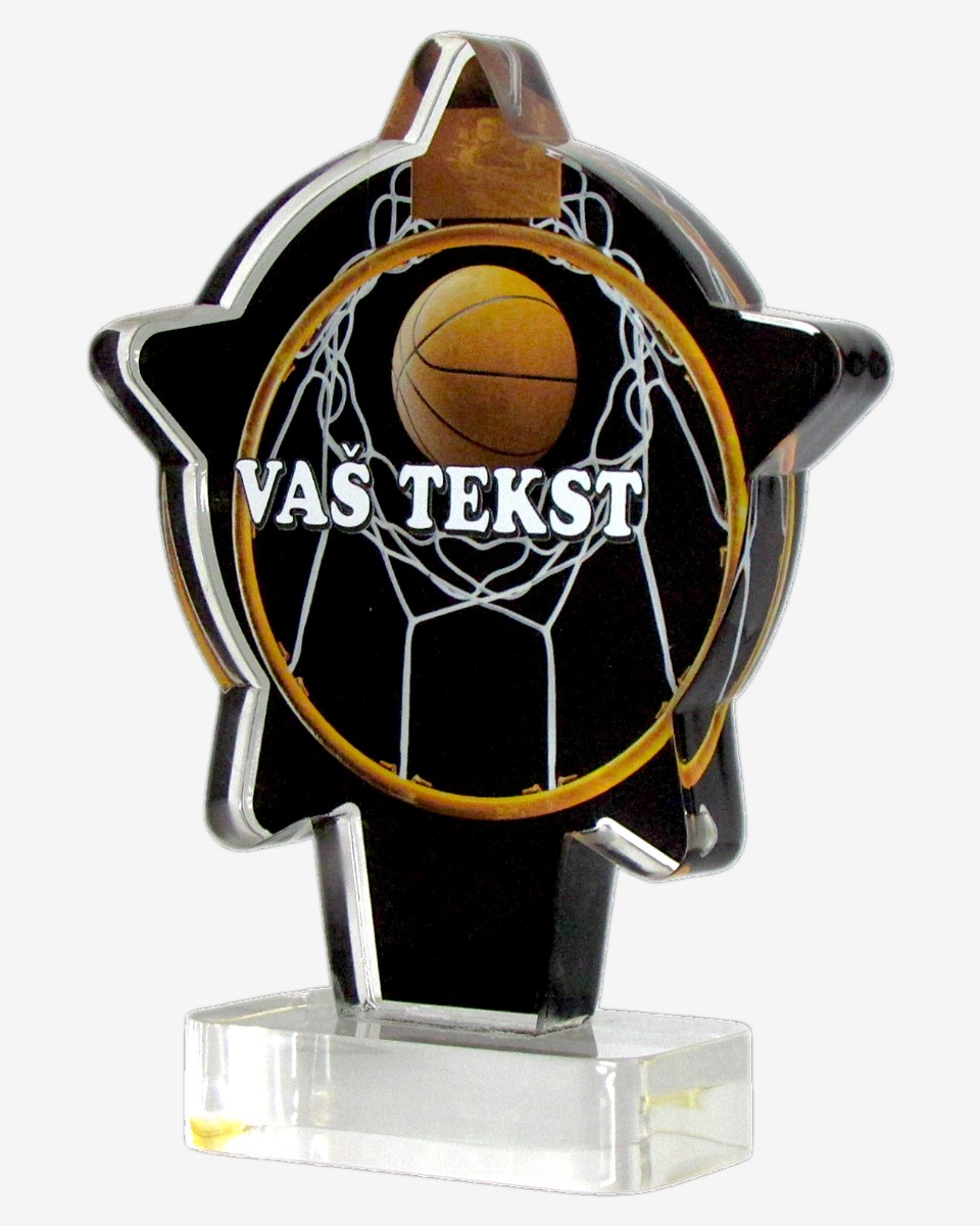 Autorska košarkaška zvezdasta medalja, UV štampa na crnom pleksiglasu — spreman za personalizaciju