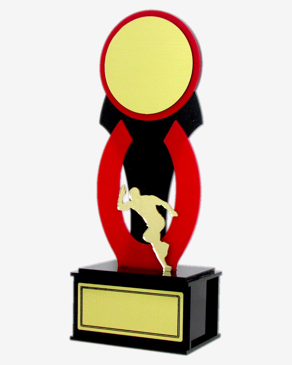 Autorski atletski trofej sa siluetom trkača, crveni i crni pleksiglas — spreman za personalizaciju