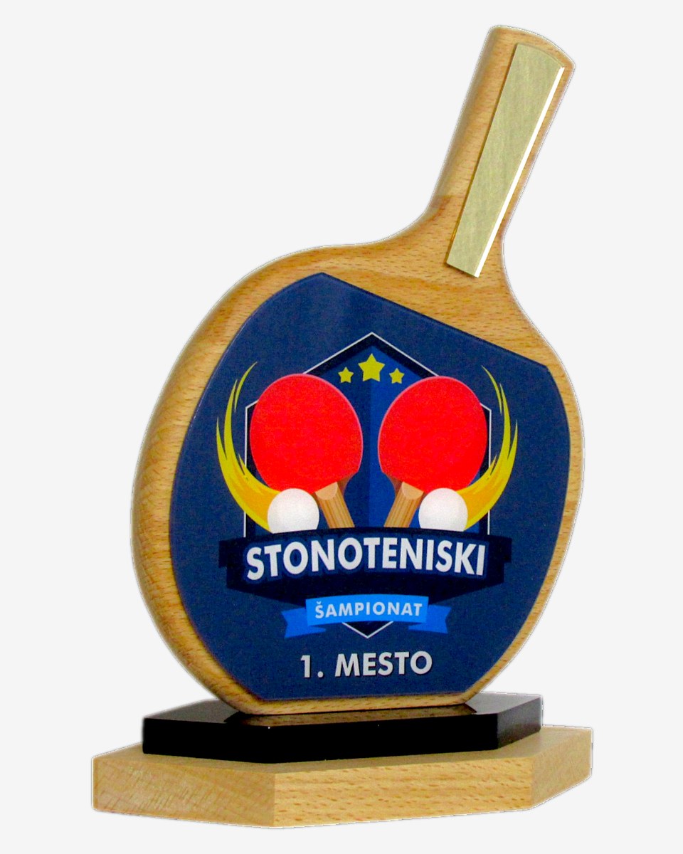 Autorski trofej u obliku reketa za stoni tenis — spreman za personalizaciju