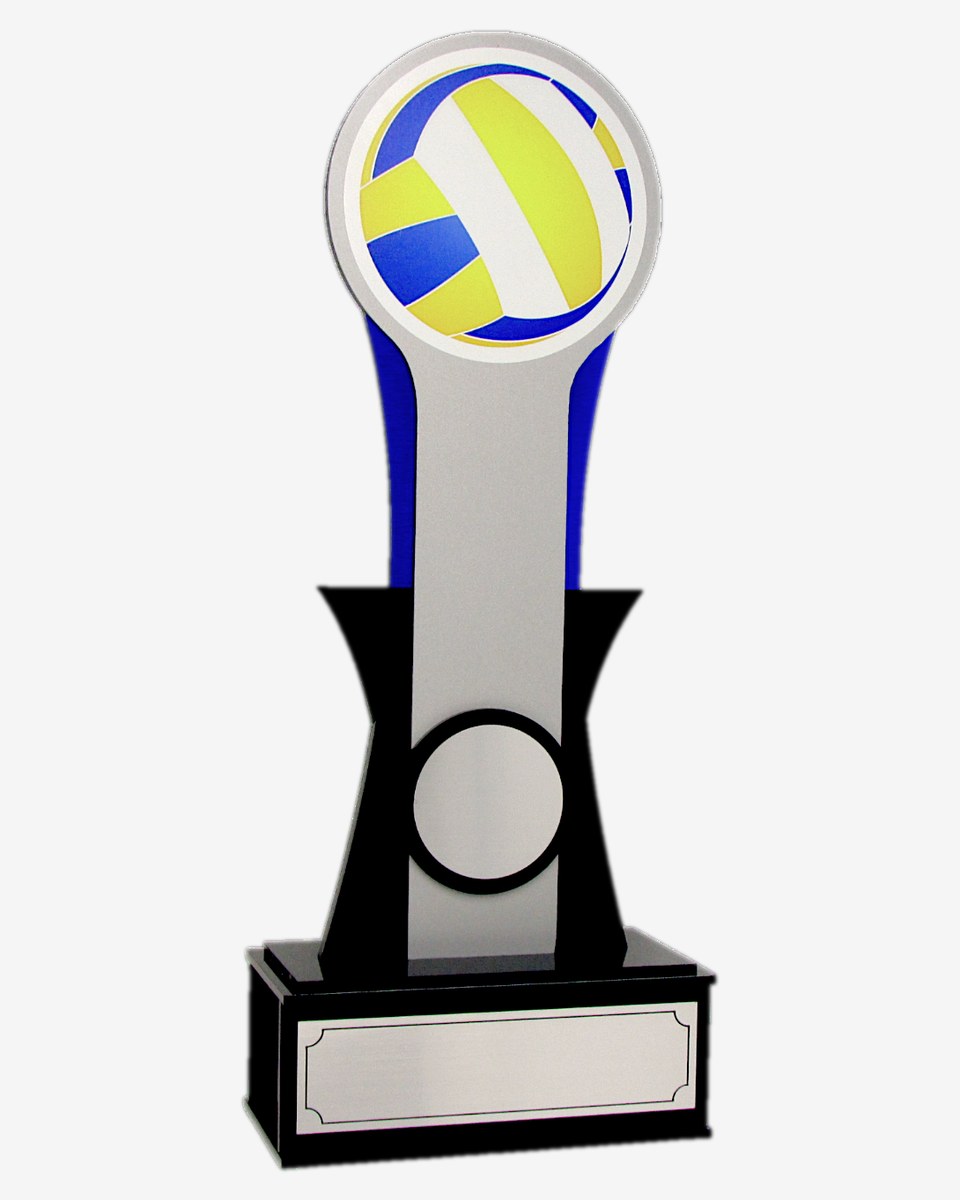 Autorski odbojkaški vertikalni trofej, srebrni i plavi pleksiglas — spreman za personalizaciju